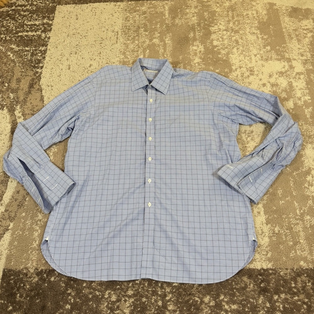 Turnbull & Asser Shirt Mens 18 45 Blue Plaid Long Sleeve Button Up French Cuff